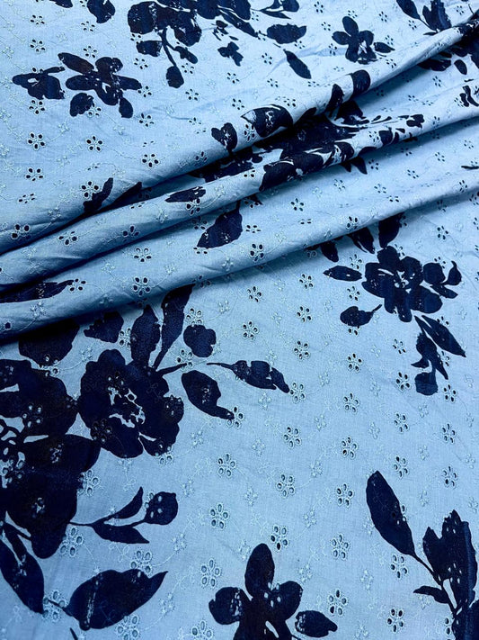 Sky Blue All Over Designer Floral Schiffli Cotton Fabric