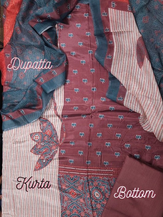 Wine Royale Printed Cotton Suit Set Fabric with Cotton Muslin Dupatta (3-Piece)