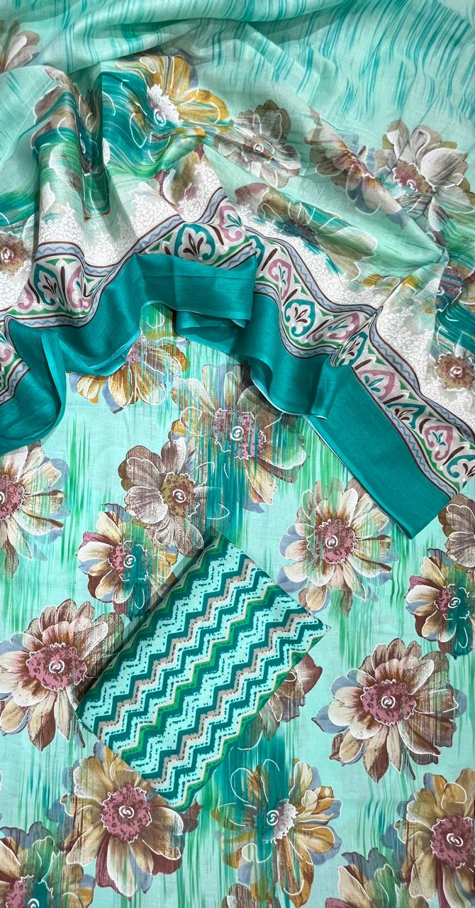 Aqua Green Floral Cotton Suit Set with Printed Mul Dupatta