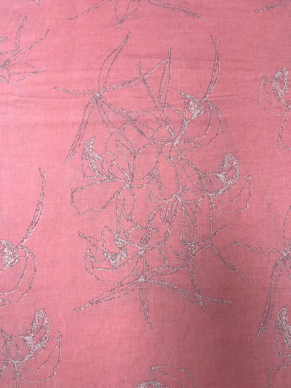 Peach Pink Floral Cotton Suit Set with Printed Mul Dupatta