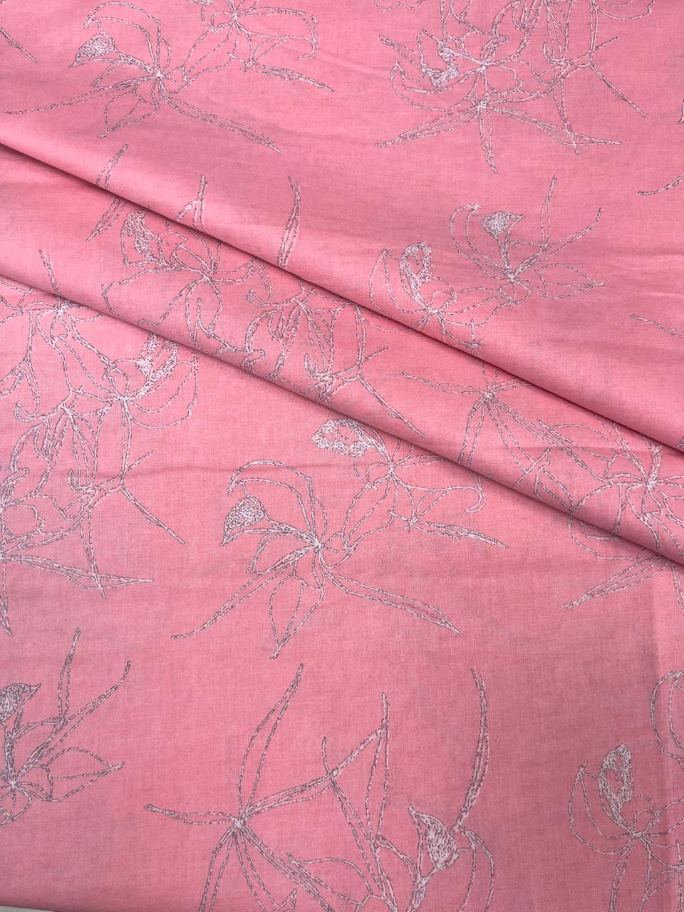 Peach Pink Floral Cotton Suit Set with Printed Mul Dupatta