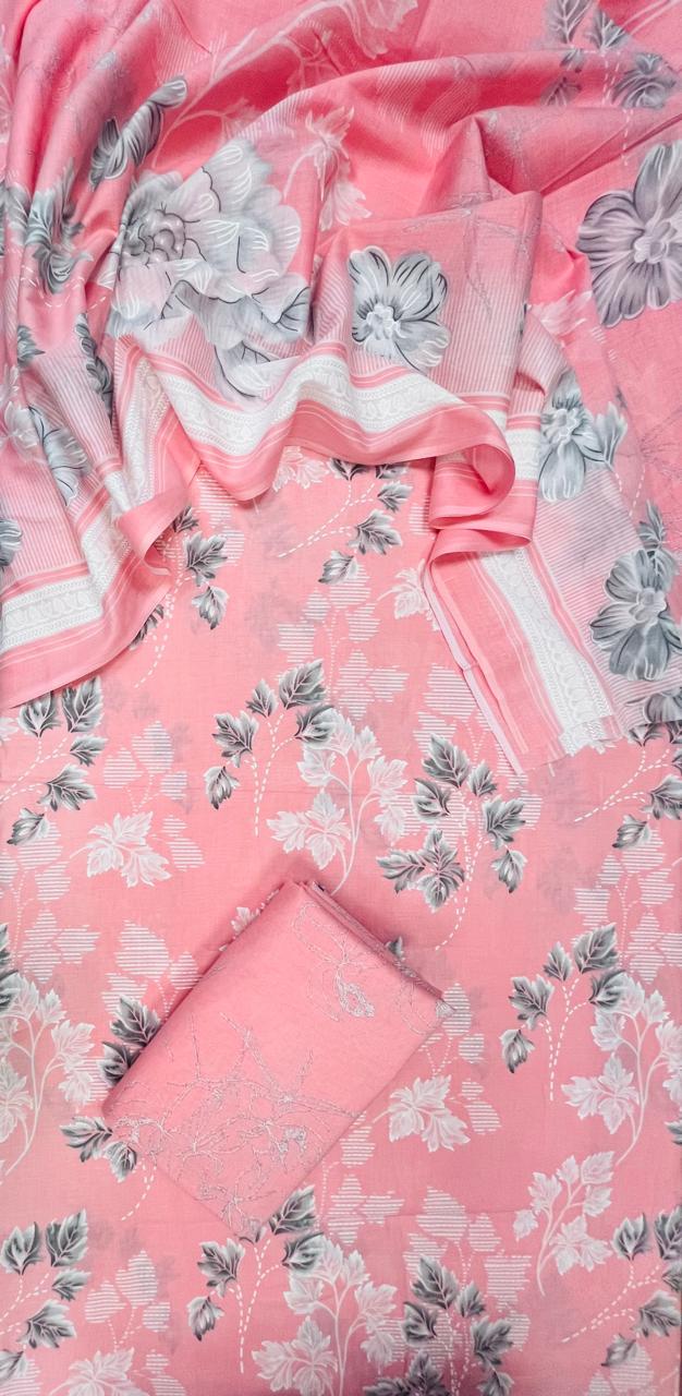 Peach Pink Floral Cotton Suit Set with Printed Mul Dupatta