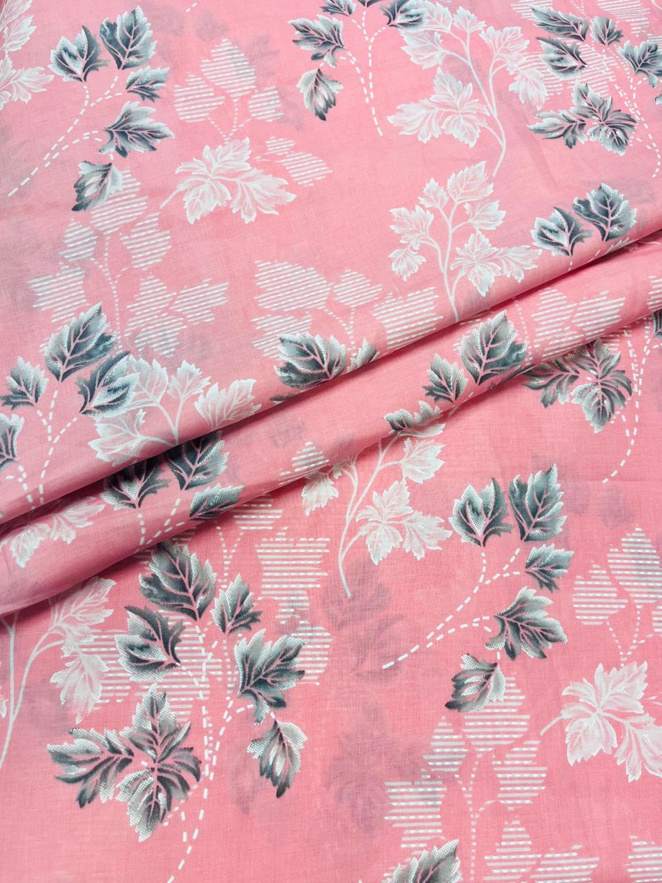 Peach Pink Floral Cotton Suit Set with Printed Mul Dupatta