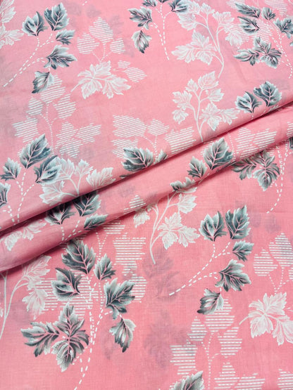 Peach Pink Floral Cotton Suit Set with Printed Mul Dupatta