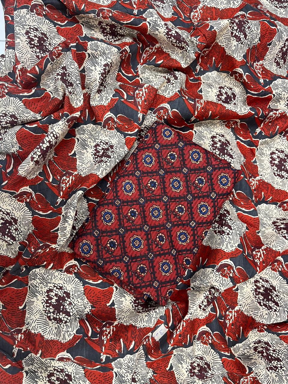 Rust Brown Floral Cotton Suit Set With Printed Bottom