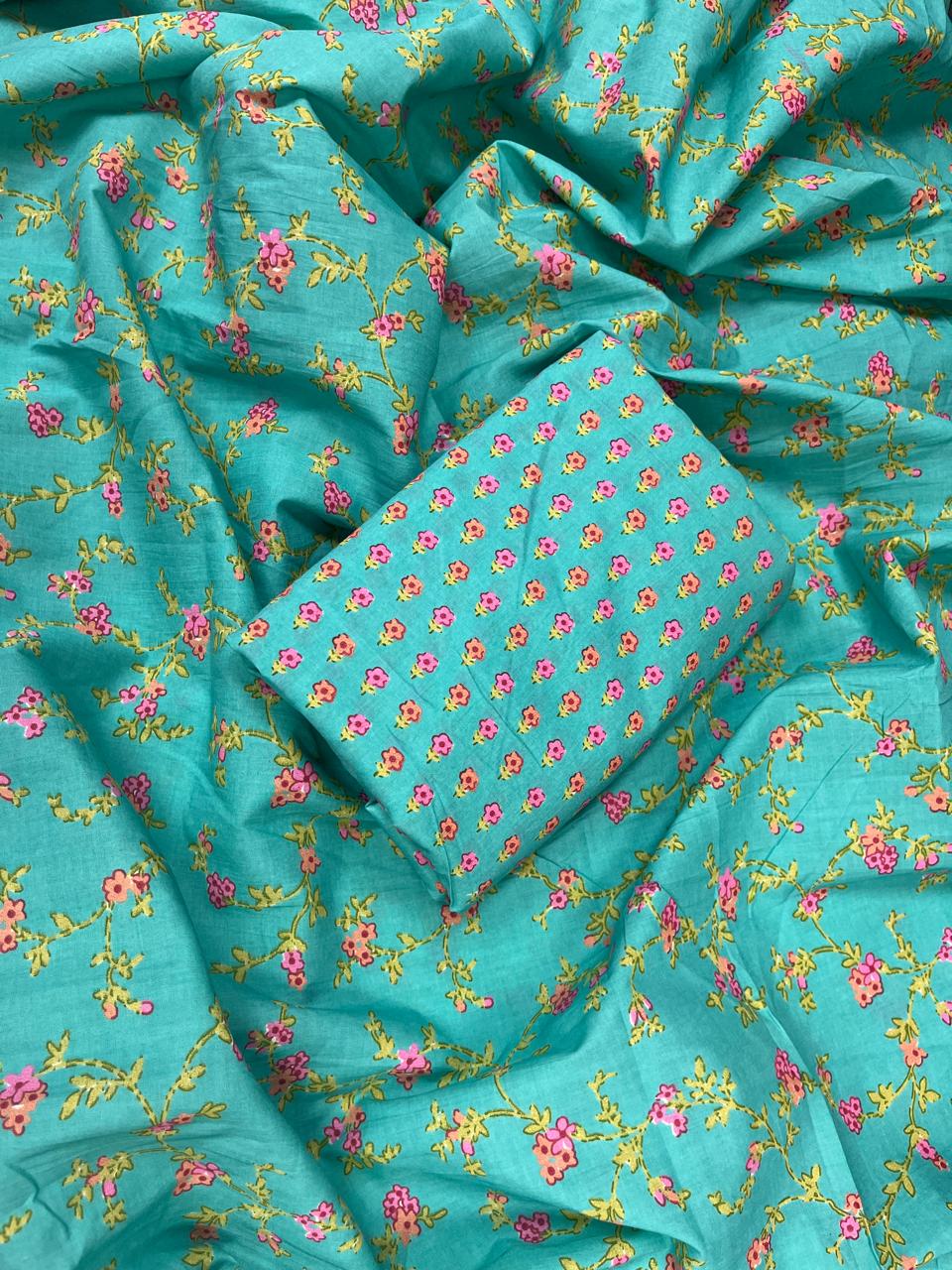 Turquoise Floral Cotton Suit Set With Printed Bottom