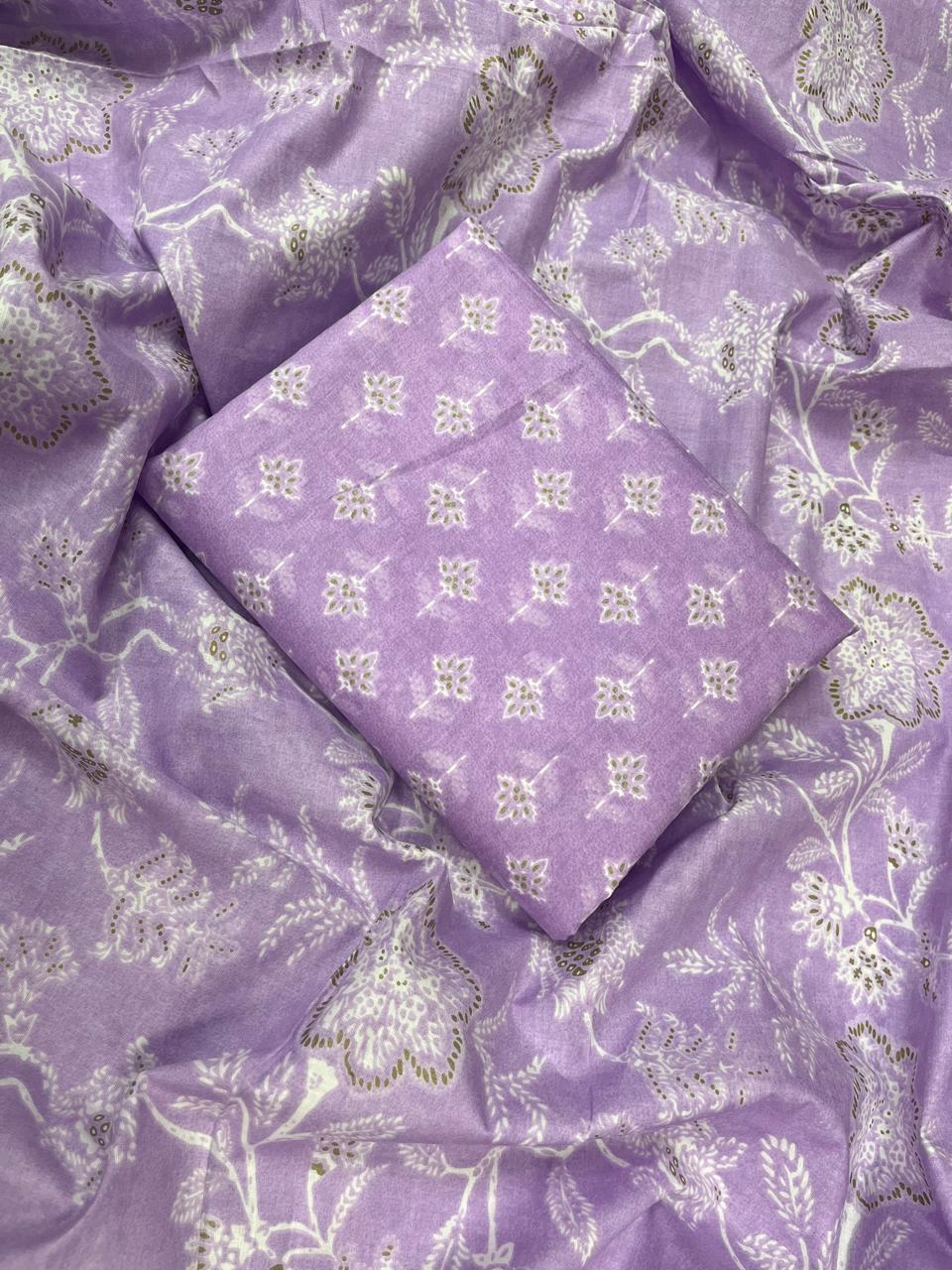 Lavender Floral Cotton Suit Set with Printed Bottom