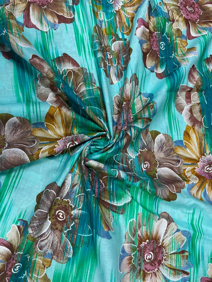Aqua Green Floral Cotton Suit Set with Printed Mul Dupatta