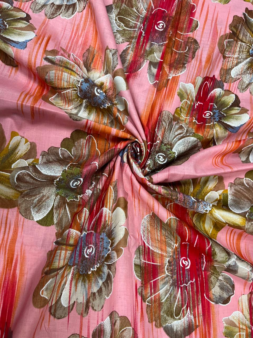 Coral Pink Floral Cotton Suit Set with Printed Mul Dupatta