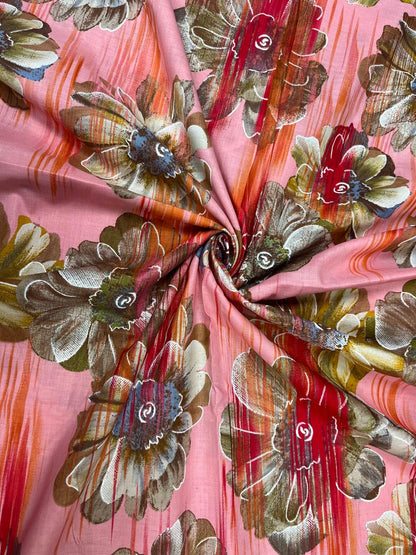 Coral Pink Floral Cotton Suit Set with Printed Mul Dupatta