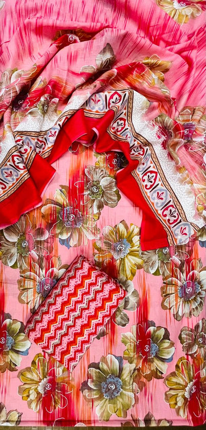Coral Pink Floral Cotton Suit Set with Printed Mul Dupatta