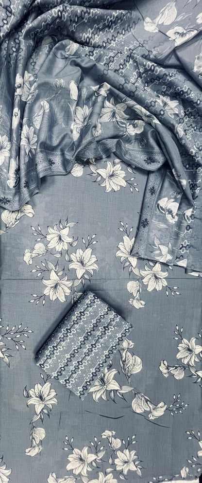 Premium Grey Floral Cotton Suit Set with Printed Mul Dupatta