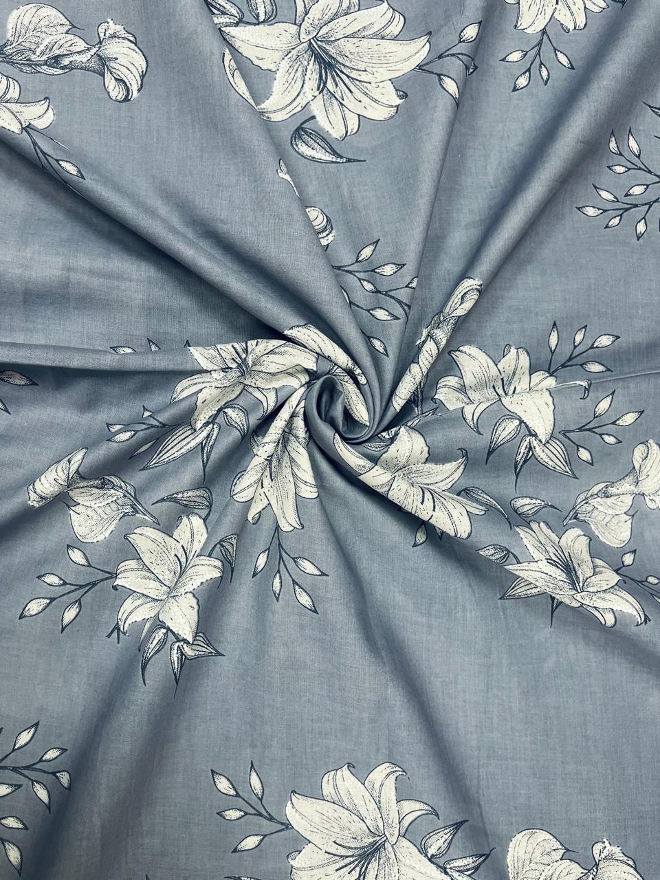 Premium Grey Floral Cotton Suit Set with Printed Mul Dupatta