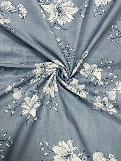 Premium Grey Floral Cotton Suit Set with Printed Mul Dupatta