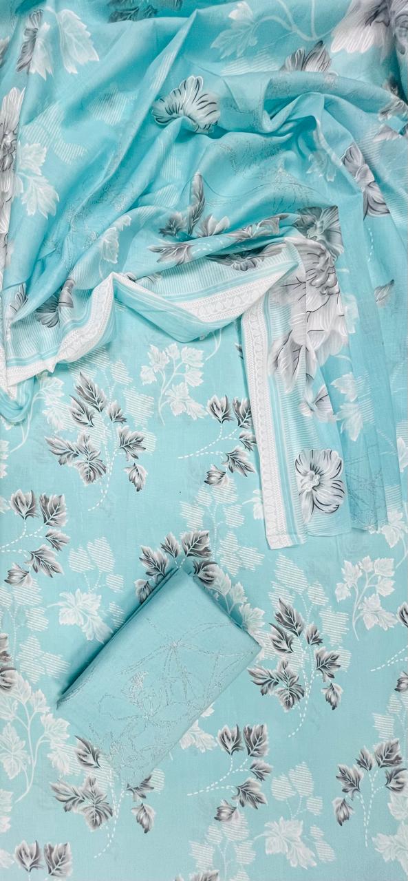 Aqua Bloom Cotton Suit Set with Silver Floral Bottom & Mul Dupatta