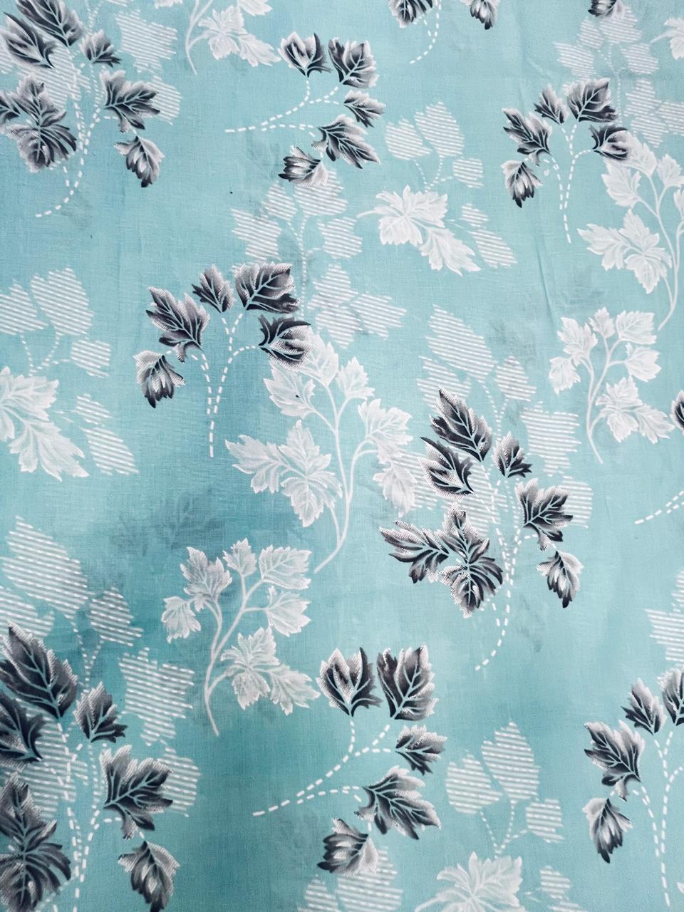 Aqua Bloom Cotton Suit Set with Silver Floral Bottom & Mul Dupatta