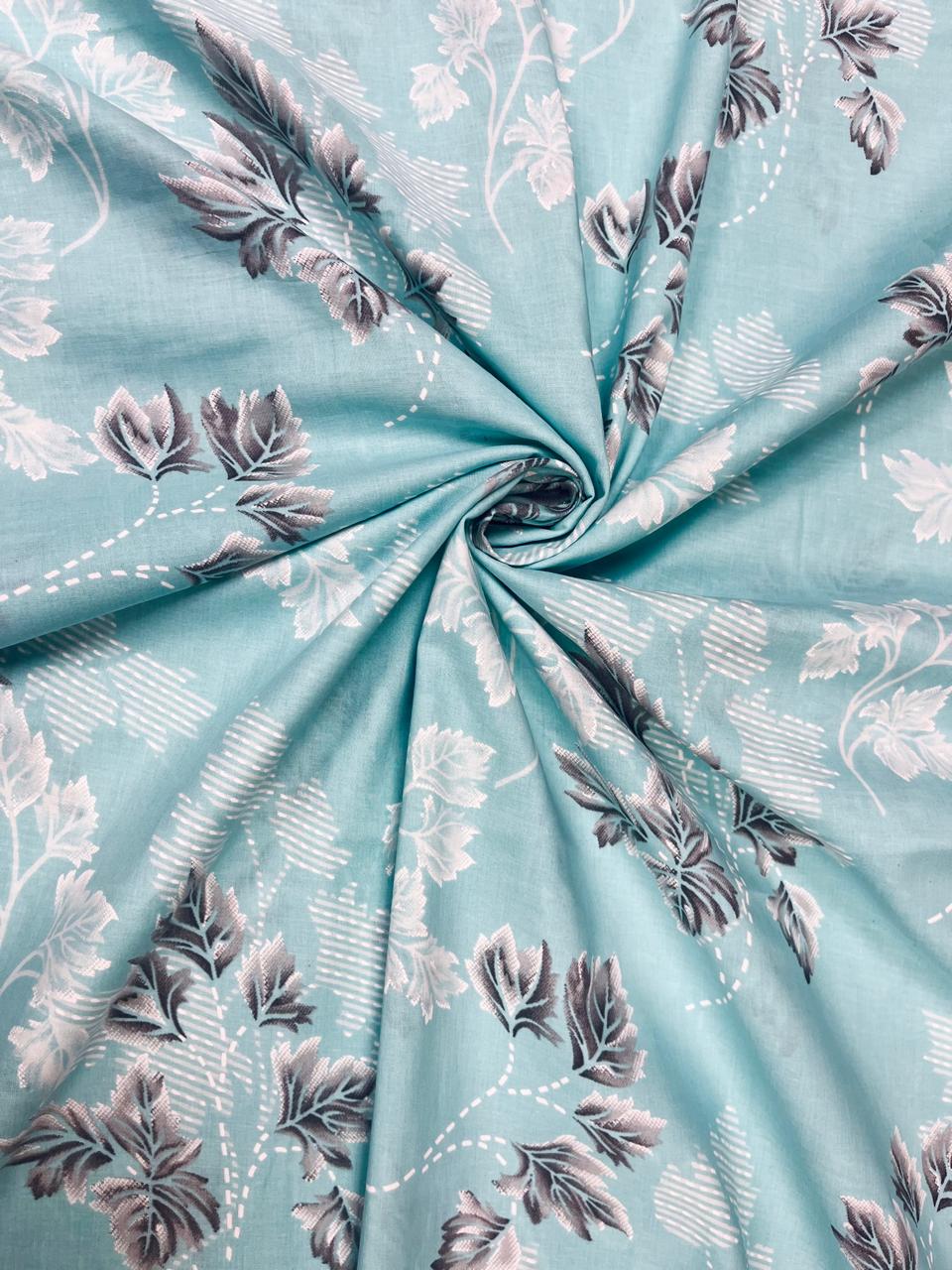 Aqua Bloom Cotton Suit Set with Silver Floral Bottom & Mul Dupatta