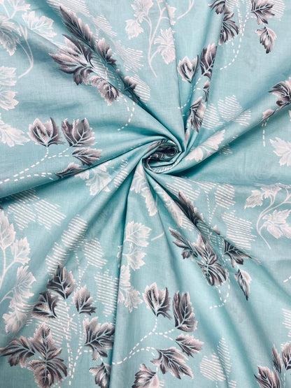 Aqua Bloom Cotton Suit Set with Silver Floral Bottom & Mul Dupatta