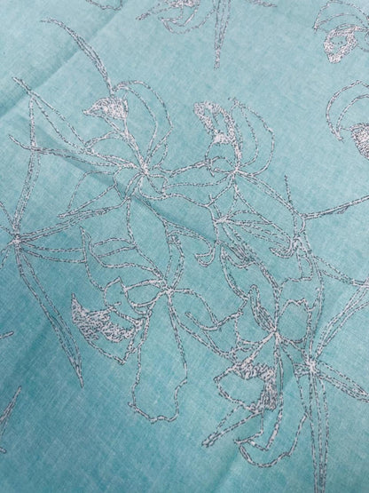 Aqua Bloom Cotton Suit Set with Silver Floral Bottom & Mul Dupatta