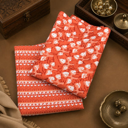 Premium Coral Orange Cotton Suit Set with Printed Bottom
