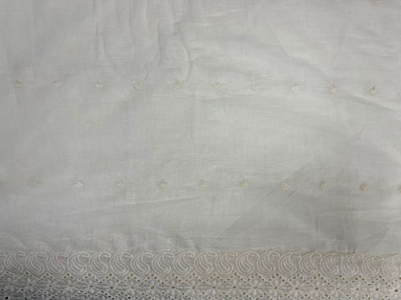 Off White Cotton Schiffli Fabric with Floral Scalloped Border
