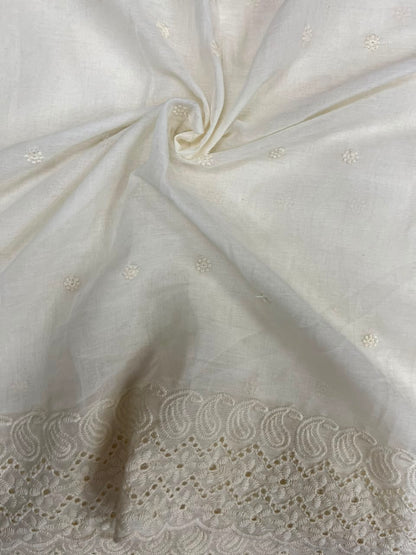 Off White Cotton Schiffli Fabric with Floral Scalloped Border