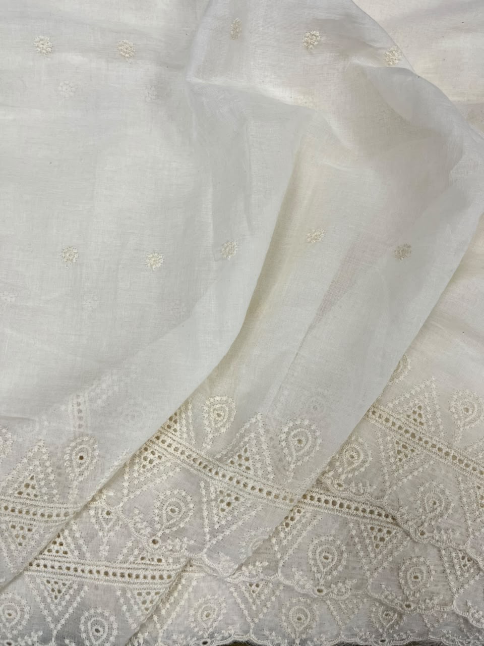 Off White Cotton Schiffli Fabric with Heavy Embroidered Border