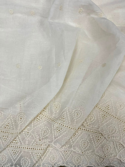 Off White Cotton Schiffli Fabric with Heavy Embroidered Border