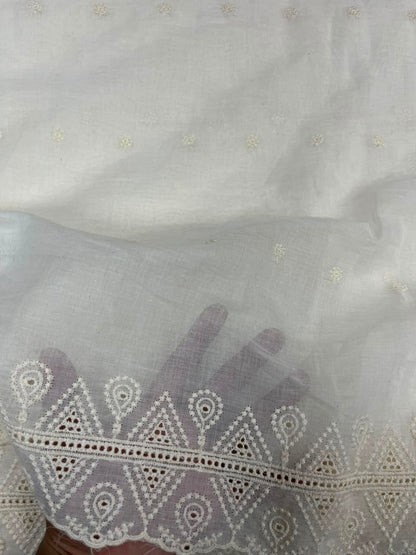 Off White Cotton Schiffli Fabric with Heavy Embroidered Border