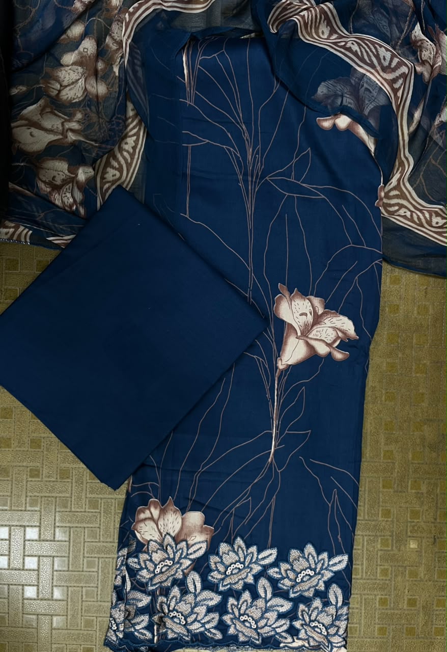 Royal Navy Blue Cotton Suit Set with Pure Chiffon Dupatta