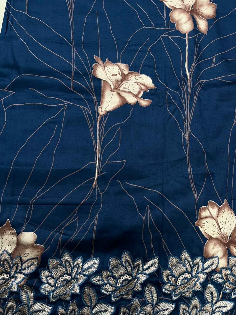 Royal Navy Blue Cotton Suit Set with Pure Chiffon Dupatta