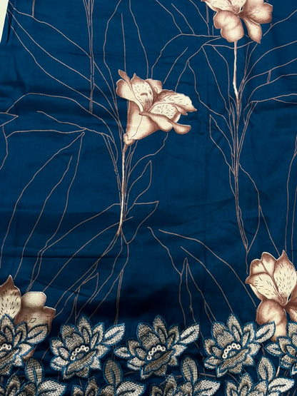 Royal Navy Blue Cotton Suit Set with Pure Chiffon Dupatta