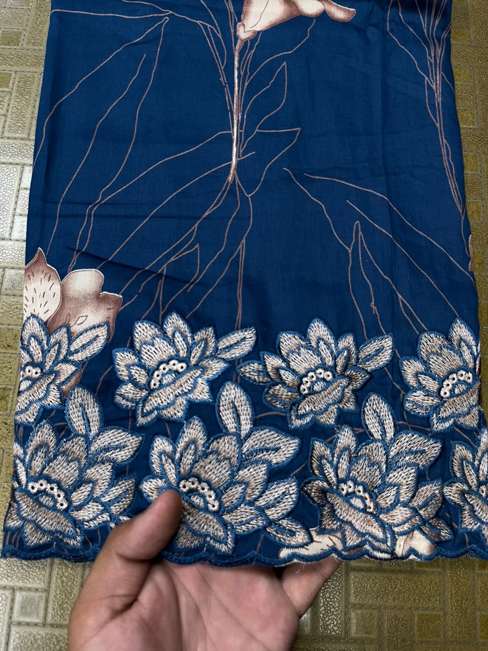 Royal Navy Blue Cotton Suit Set with Pure Chiffon Dupatta