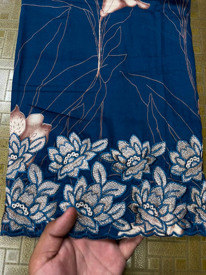 Royal Navy Blue Cotton Suit Set with Pure Chiffon Dupatta