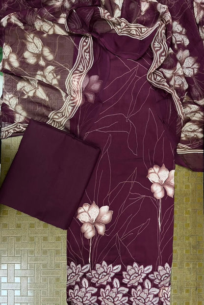 Wine Purple Cotton Suit Set with Pure Chiffon Dupatta