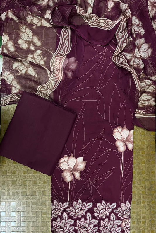 Wine Purple Cotton Suit Set with Pure Chiffon Dupatta