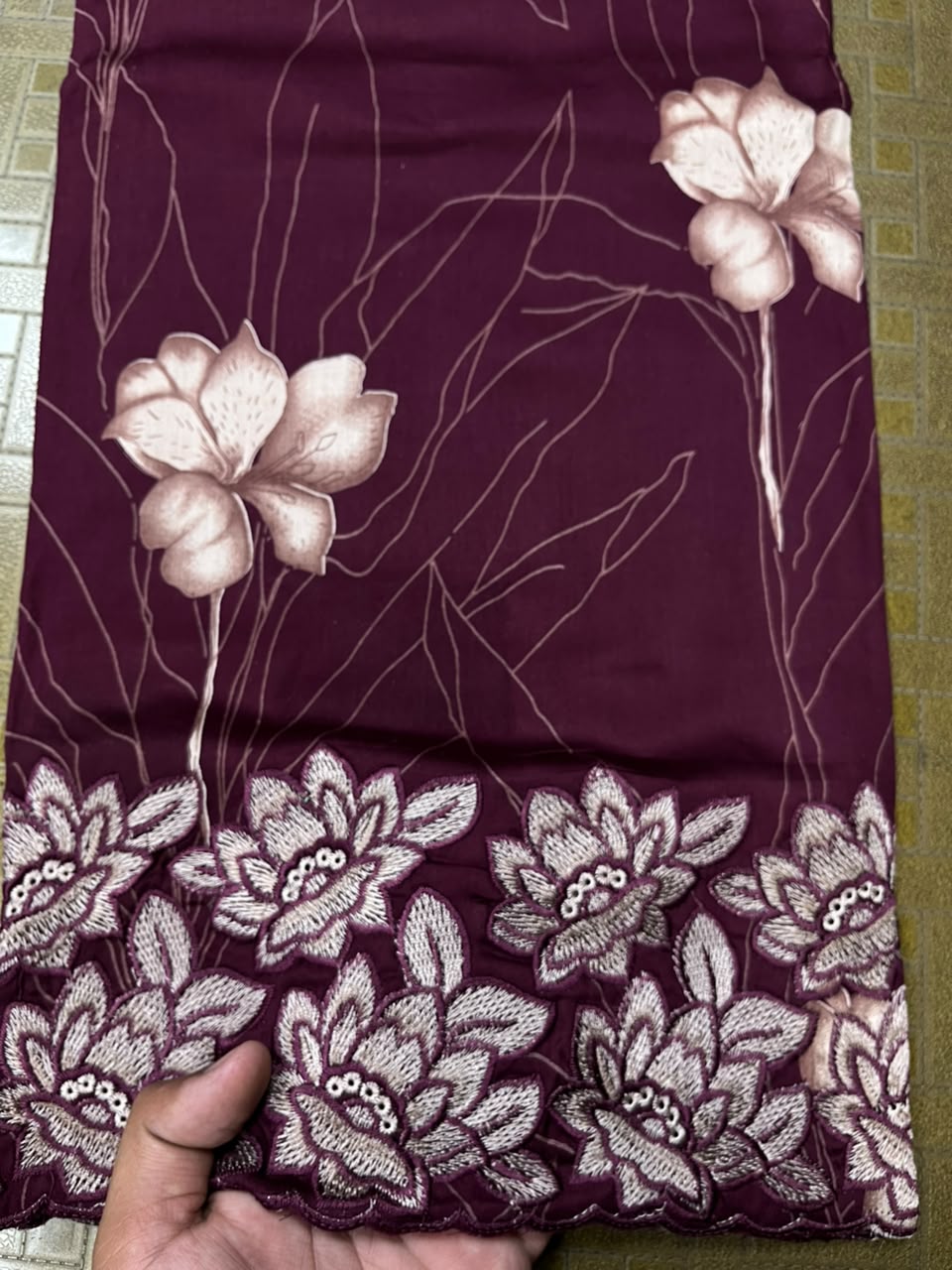 Wine Purple Cotton Suit Set with Pure Chiffon Dupatta