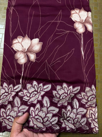 Wine Purple Cotton Suit Set with Pure Chiffon Dupatta