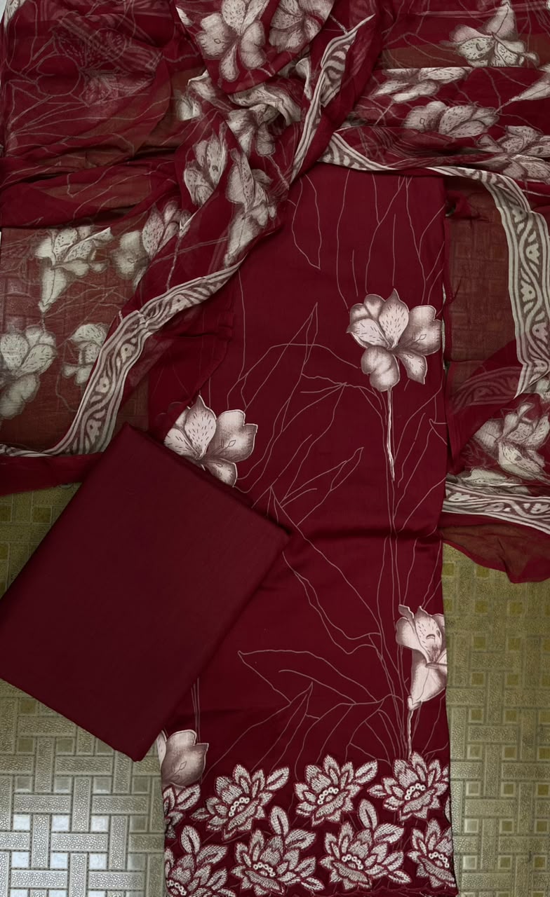 Ruby Red Cotton Suit Set with Pure Chiffon Dupatta