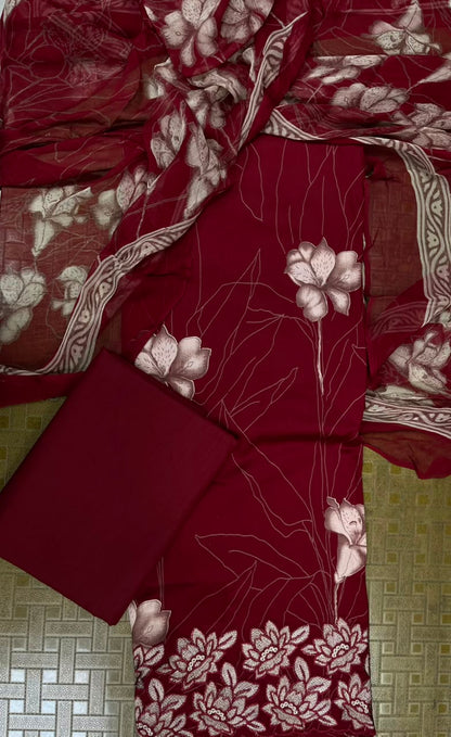 Ruby Red Cotton Suit Set with Pure Chiffon Dupatta