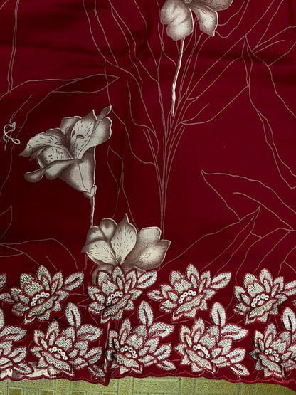 Ruby Red Cotton Suit Set with Pure Chiffon Dupatta