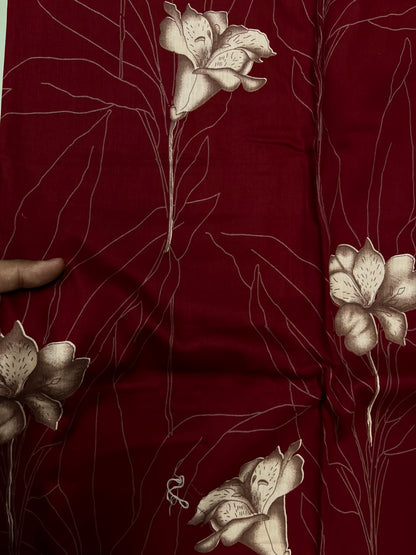 Ruby Red Cotton Suit Set with Pure Chiffon Dupatta