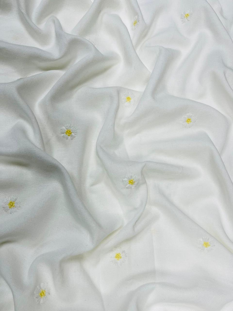 White Daisy Embroidered Cotton Linen Designer Schiffli Fabric