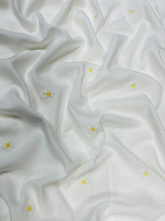 White Daisy Embroidered Cotton Linen Designer Schiffli Fabric