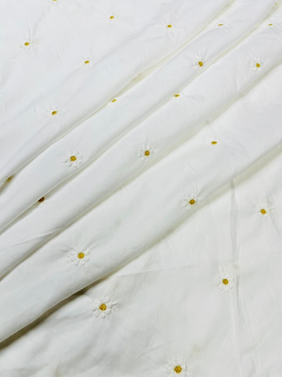 White Daisy Embroidered Poplin Designer Schiffli Fabric