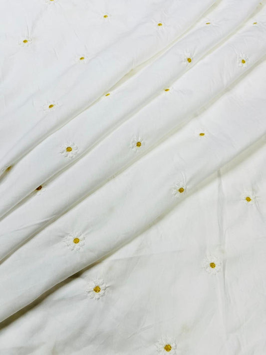 White Daisy Embroidered Poplin Designer Schiffli Fabric