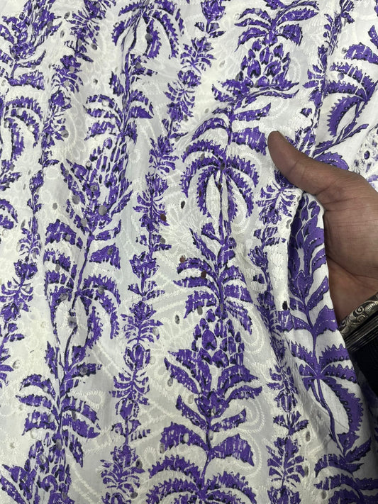 Purple Floral Cotton Embroidered Designer Schiffli Fabric