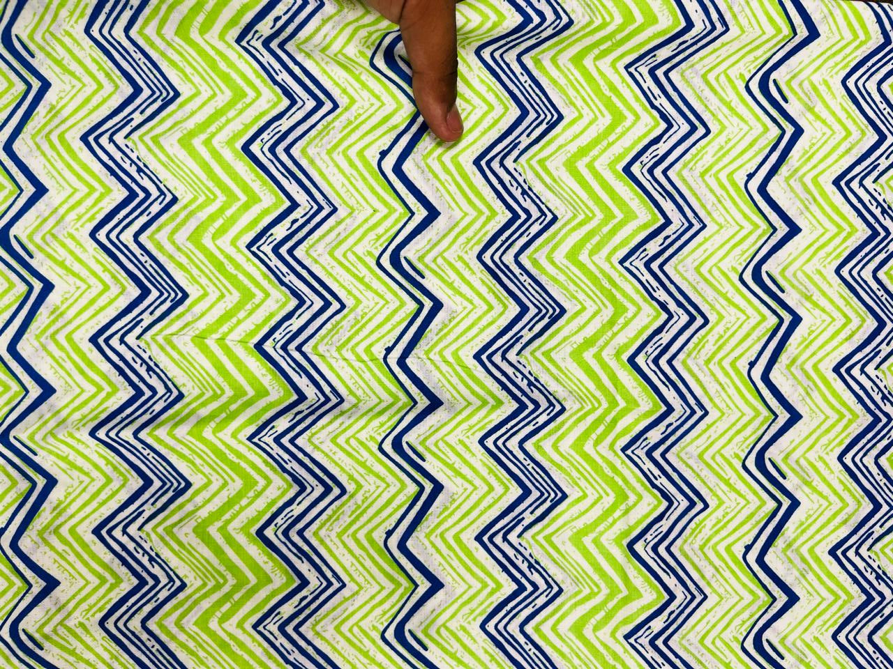Green Blue Zigzag Pure Cotton Fabric