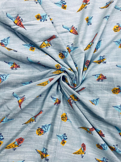 Premium Dinosaur Printed Cotton Denim Fabric 60 Inch Width
