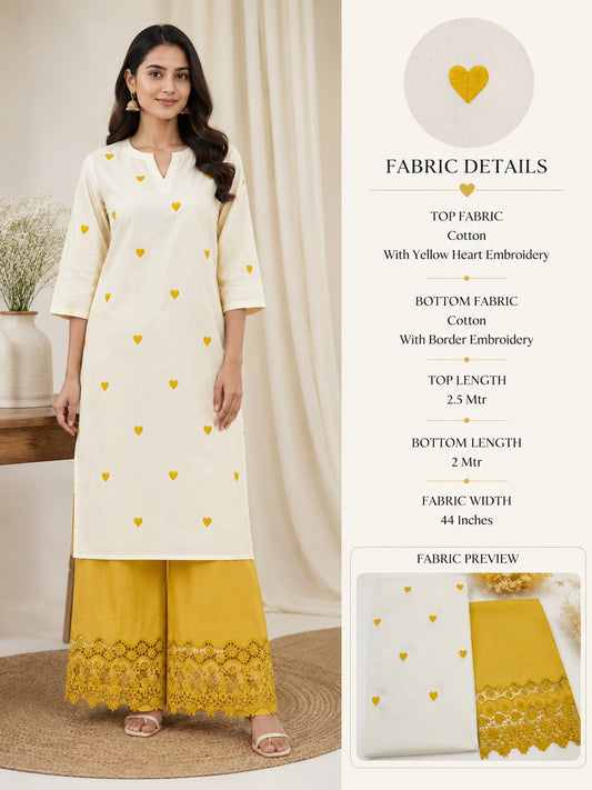 Mustard Yellow Heart Embroidery Cotton Suit Set | 44 Inch Width